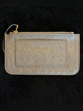 NWOT Rebecca Minkoff Beige Ostrich-Texture Zip Card Case with Gold Logo.